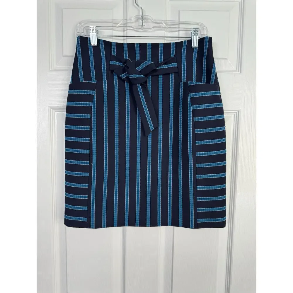 Karen Millen Stripe Skirt Women's 8 BlueMulti Cotton Stretch Pockets Tie NWT